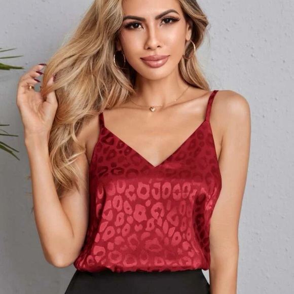 V neck cami tank top jacquard leopard print satin light blue - Picture 6 of 12